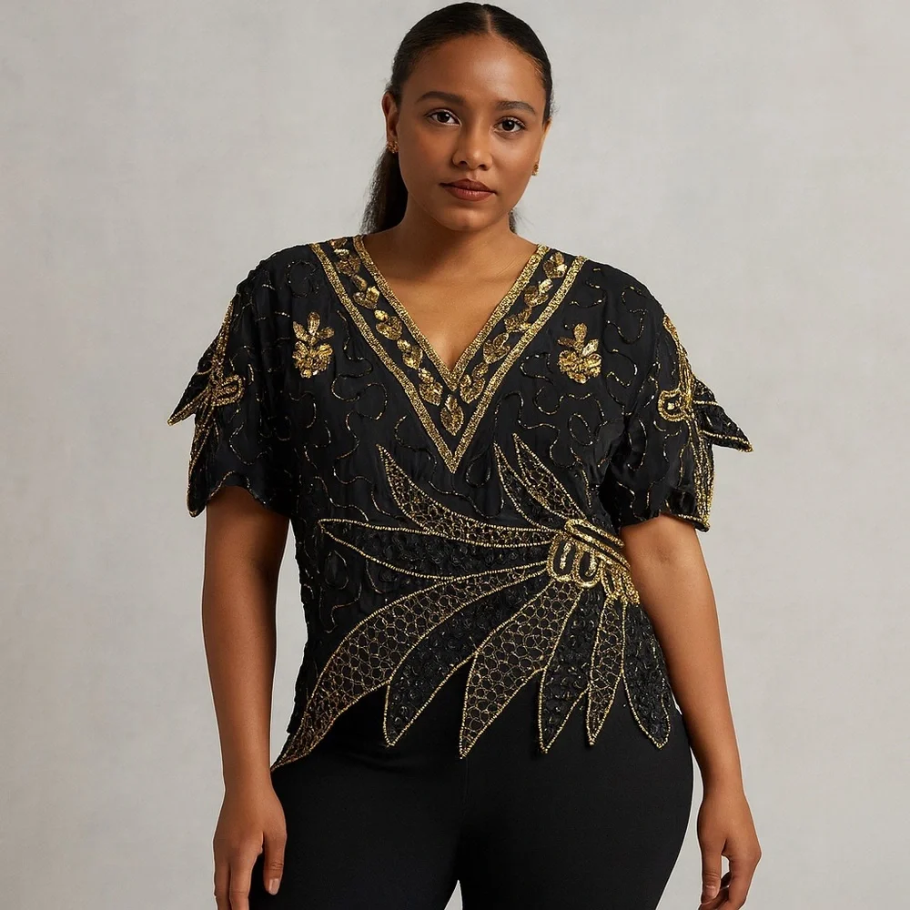 ✨ Vintage SND 100% Silk Hand Beaded Sequin Top | Made in India | Women’s L